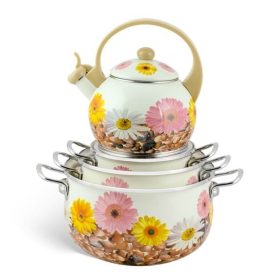   Angelica Zománcozott Edénykészlet Teáskannával 7 részes Virágmintás