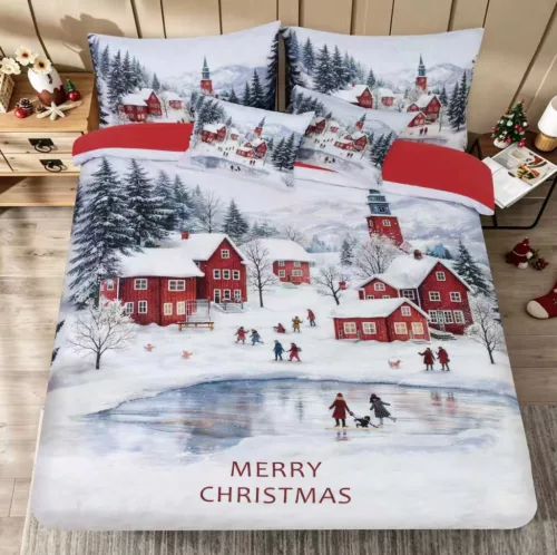 Színes Téli Falu karácsonyi 3D 6 részes nagy paplanos pamut ágyneműhuzat 200 x 220 cm