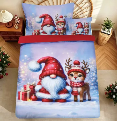 Piros Sapkás Manó és Őzike karácsonyi ágyneműhuzat garnitúra 3 részes 140 x 200 cm